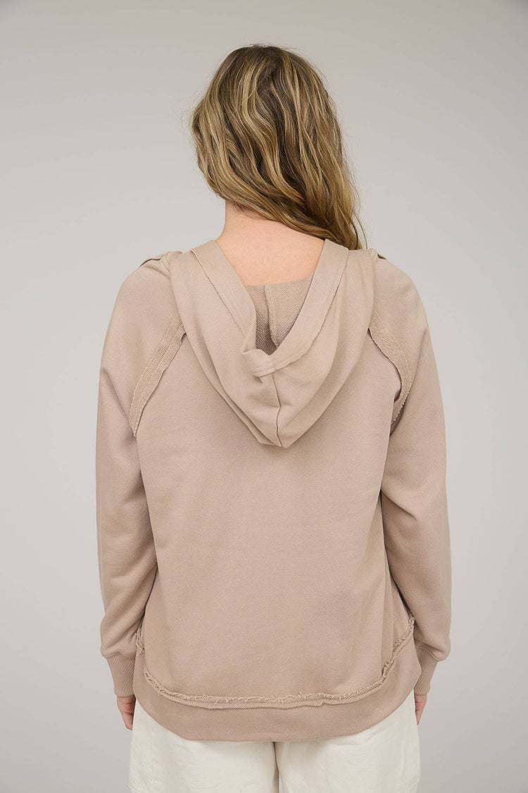 HOODED V NECK RAW EDGE LONG SLEEVE KNIT TOP
