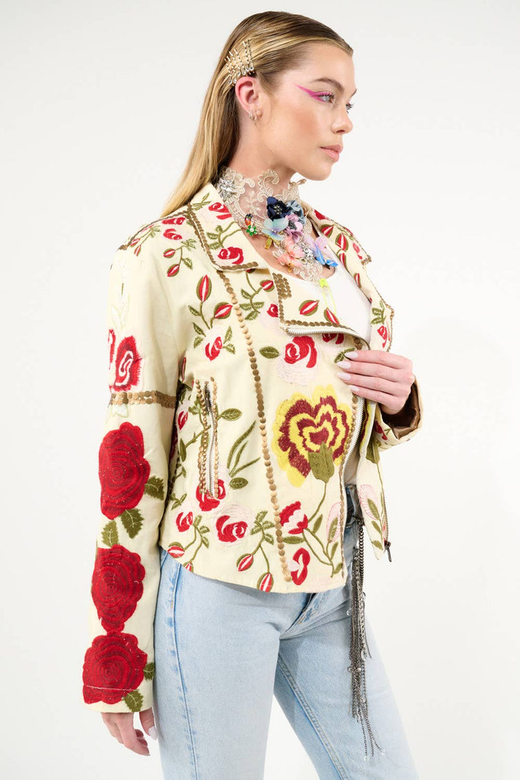 Carmen Embroidered Denim Motorcycle Jacket