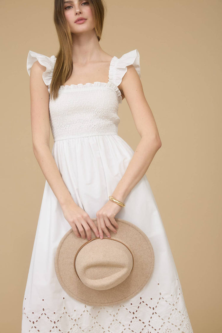 SMOCKED RUFFLE SLEEVE EYELET HEM MIDI DRESS