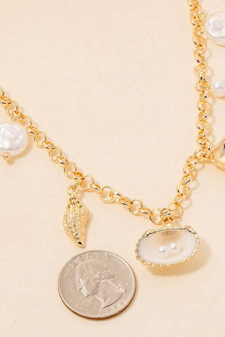 Pearl And Sea Shell Charms Chain Necklace
