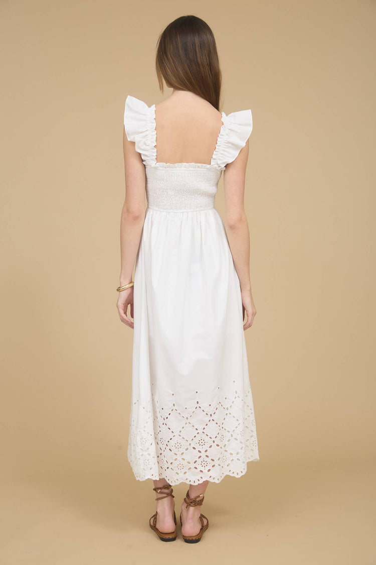 SMOCKED RUFFLE SLEEVE EYELET HEM MIDI DRESS