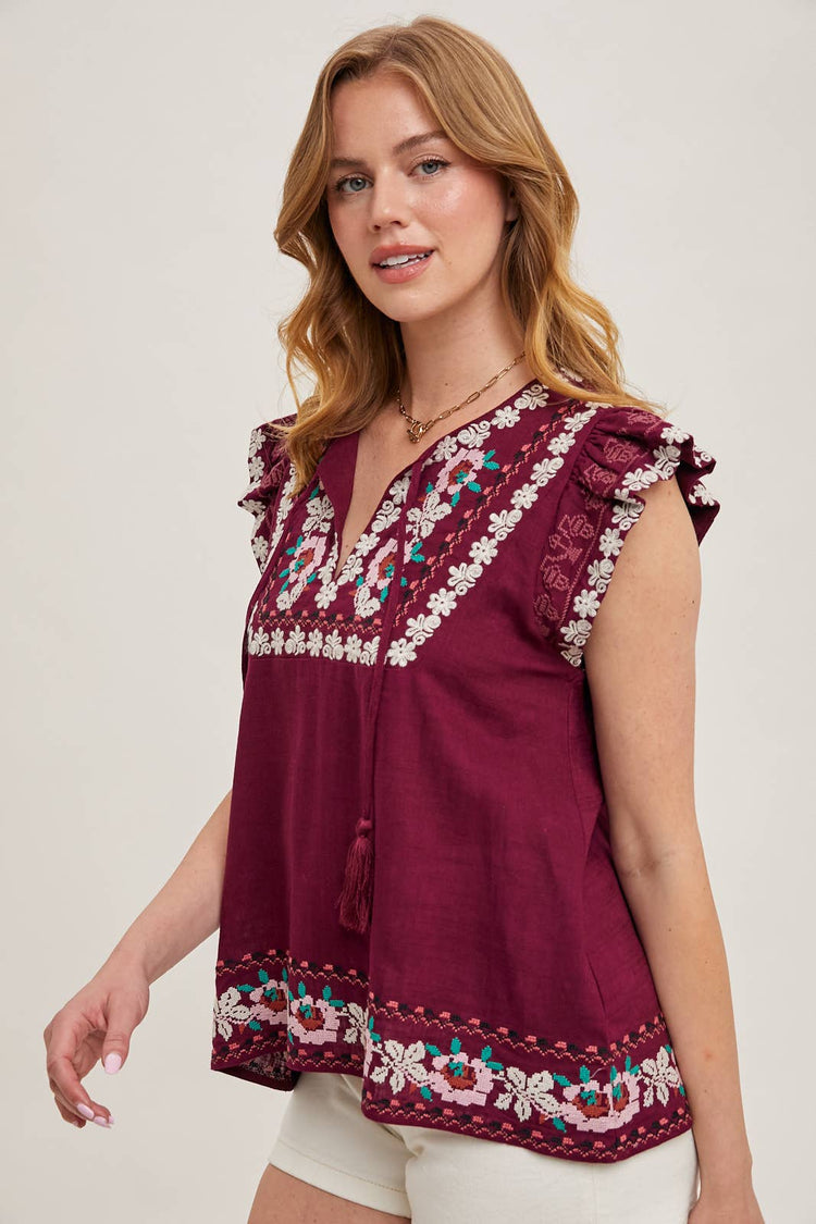 BOHO EMBROIDERED RUFFLED SLEEVE DRAWSTRING TOP