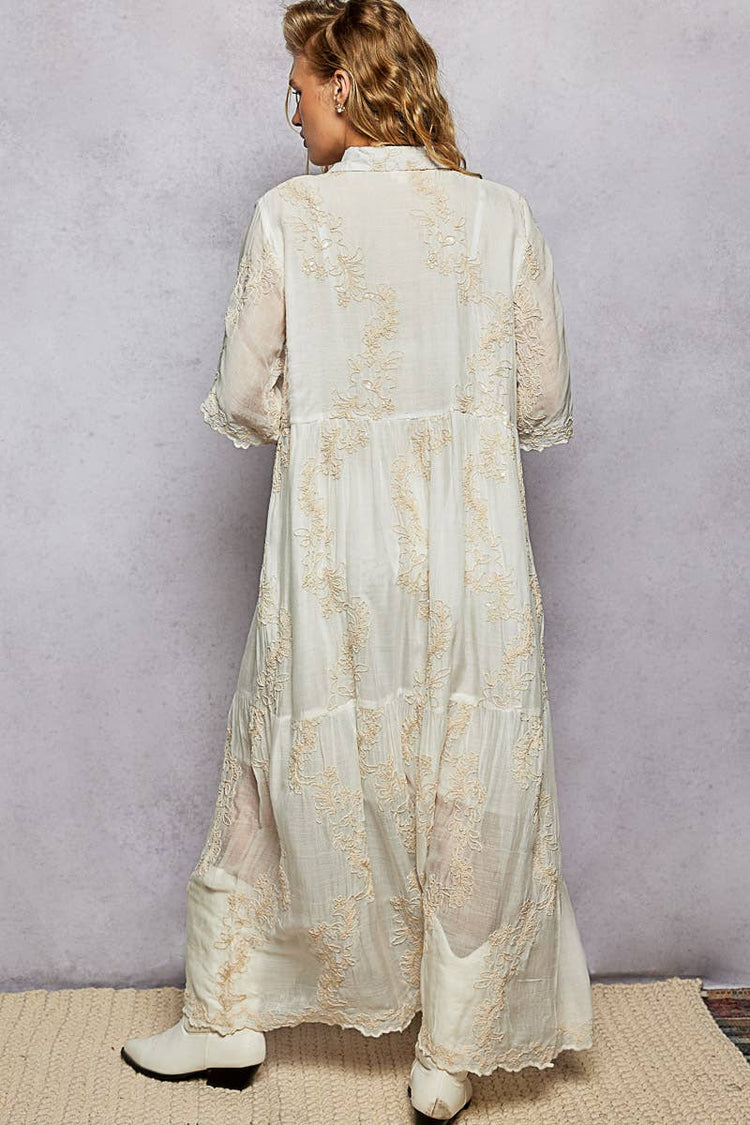 Embroidered Shirred Ruffle Button-Down Shirt Dress