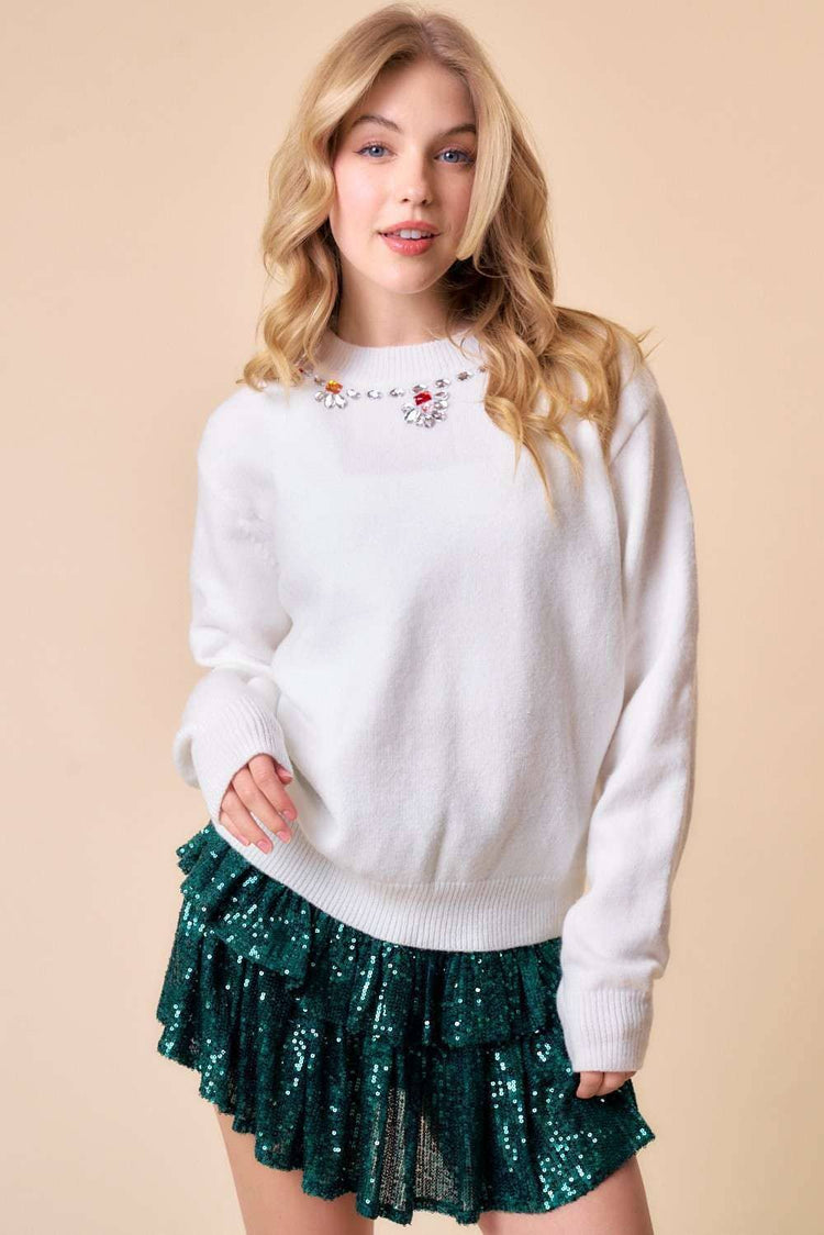 Color Stone Trim Formal Sweater
