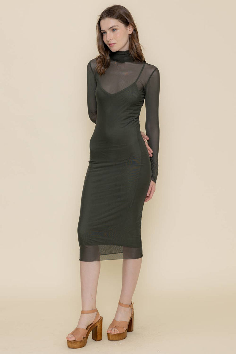 BODYCON MOCK NECK MESH LONG SLEEVE MIDI DRESS