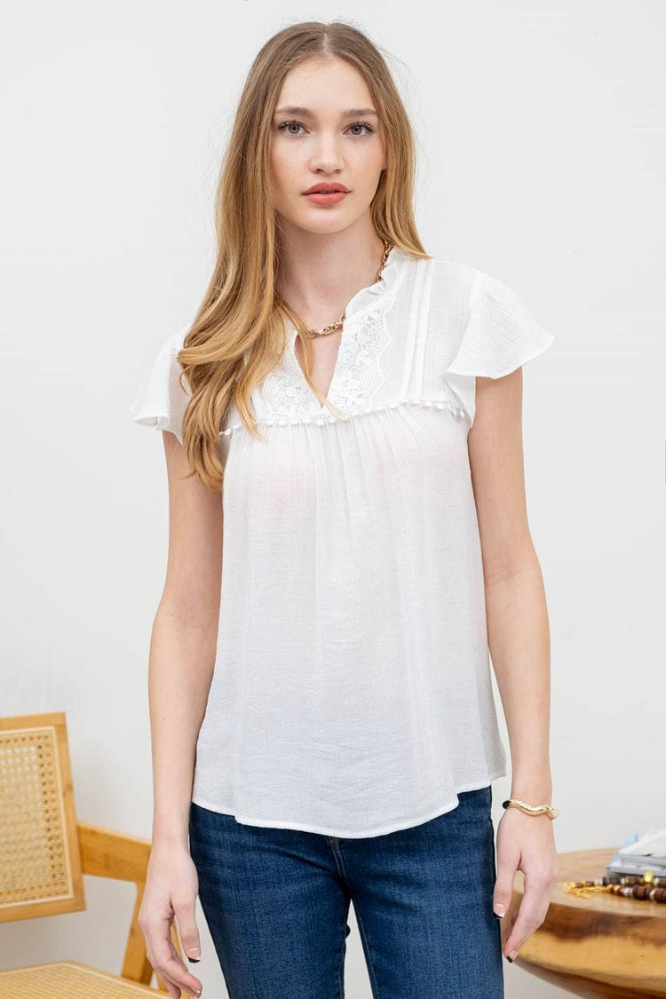 LACE TRIM SPLIT NECK RUFFLE SLEEVE BLOUSE