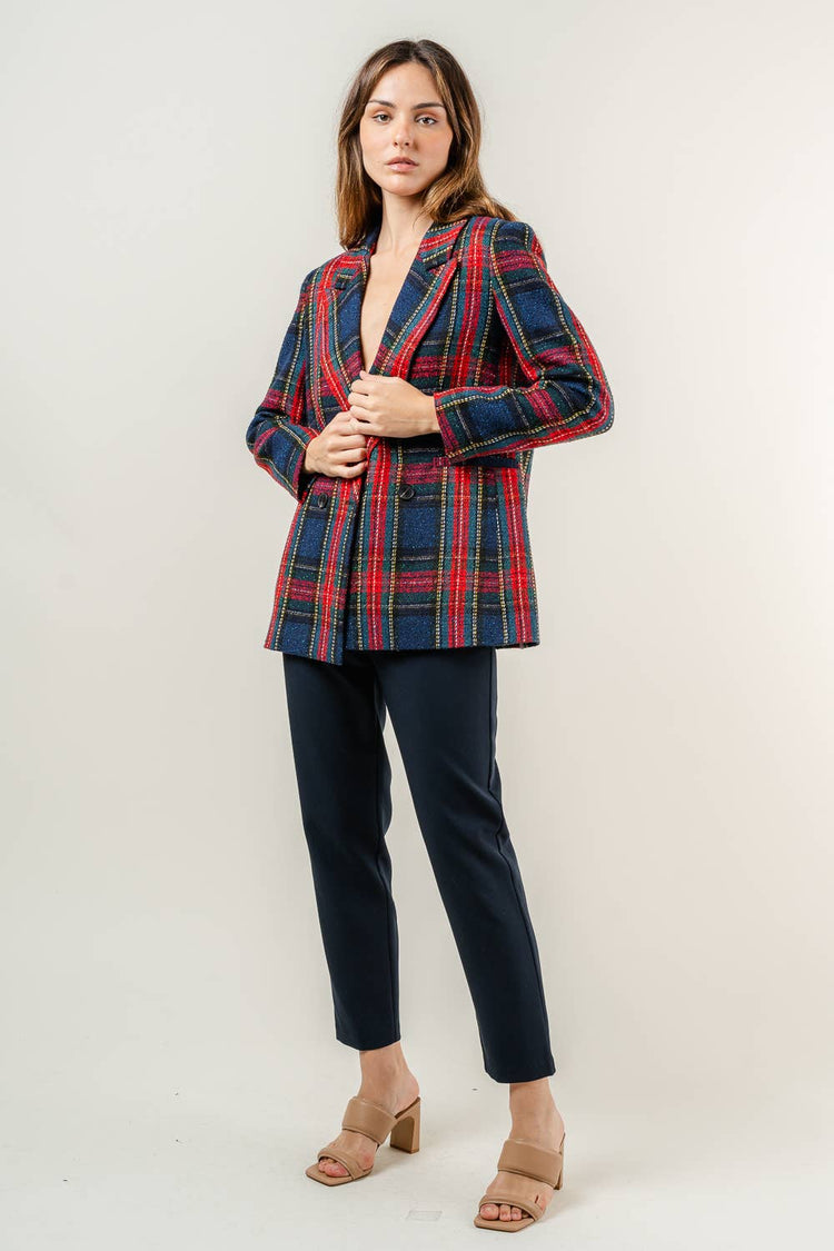 PREPPY HOLIDAY TWEED PADDED SHOULDER PLAID BLAZER