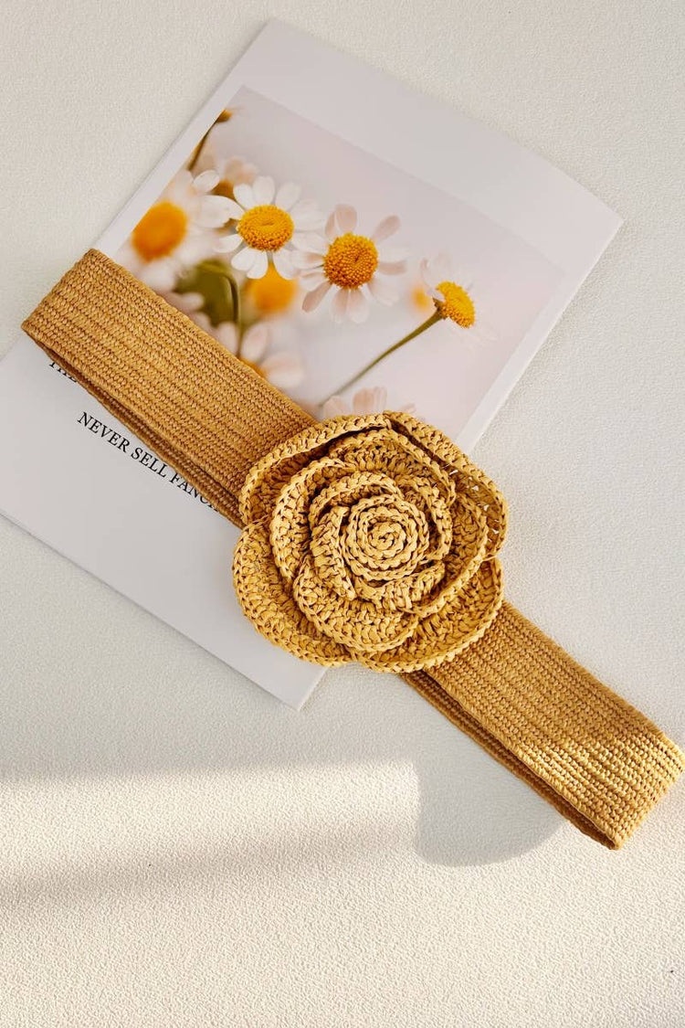 Raffia Flower Buckle Elastic Belt