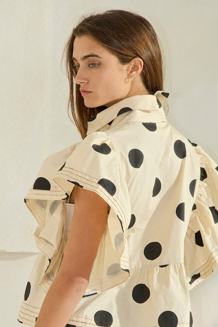 Ruffle Sleeves Pintuck Detail Polka Dot Print top