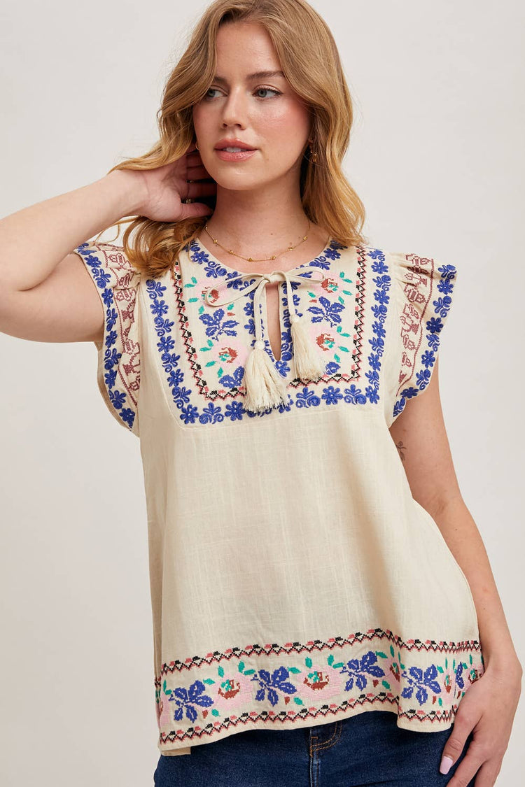 BOHO EMBROIDERED RUFFLED SLEEVE DRAWSTRING TOP