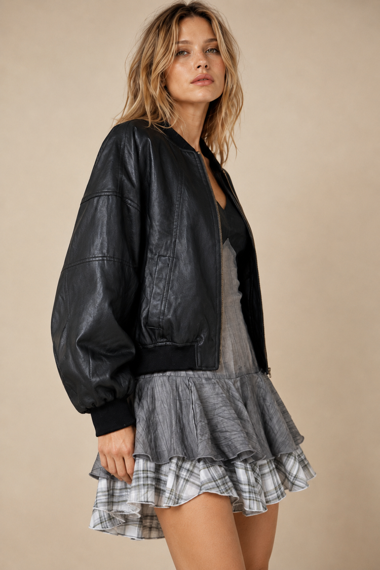 Cropped Faux-Leather Bomber Jacket