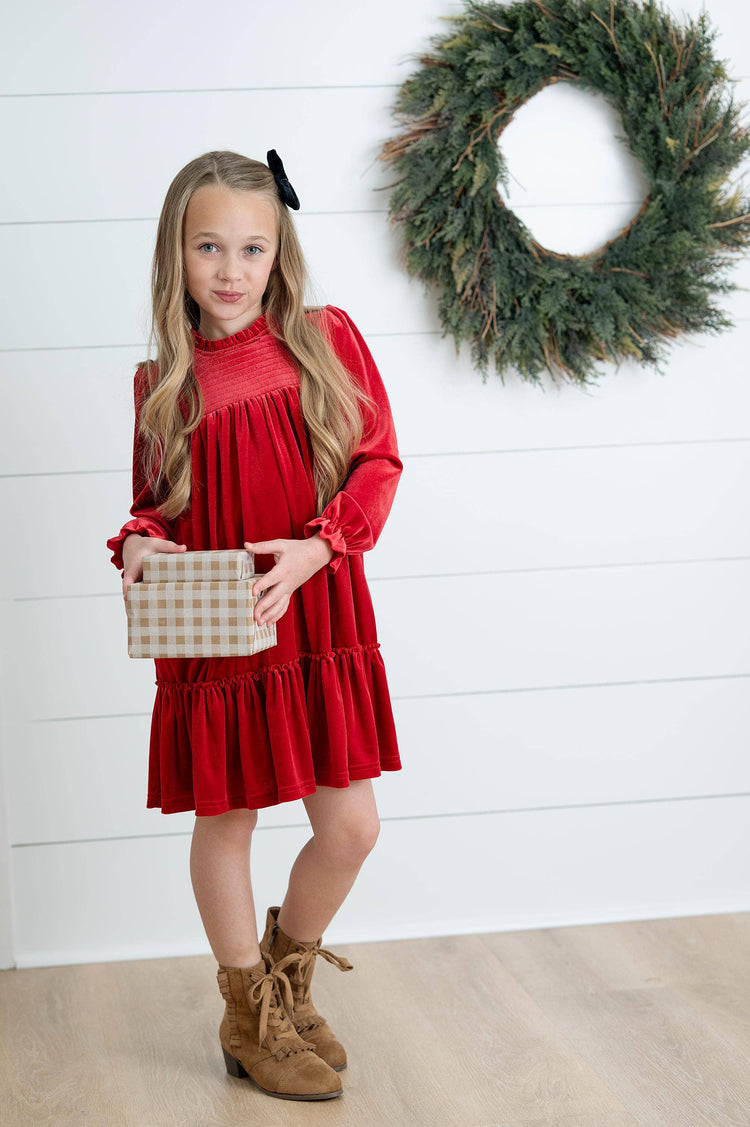 Alexa Red Smocked Velvet Fancy Holiday Party Dress