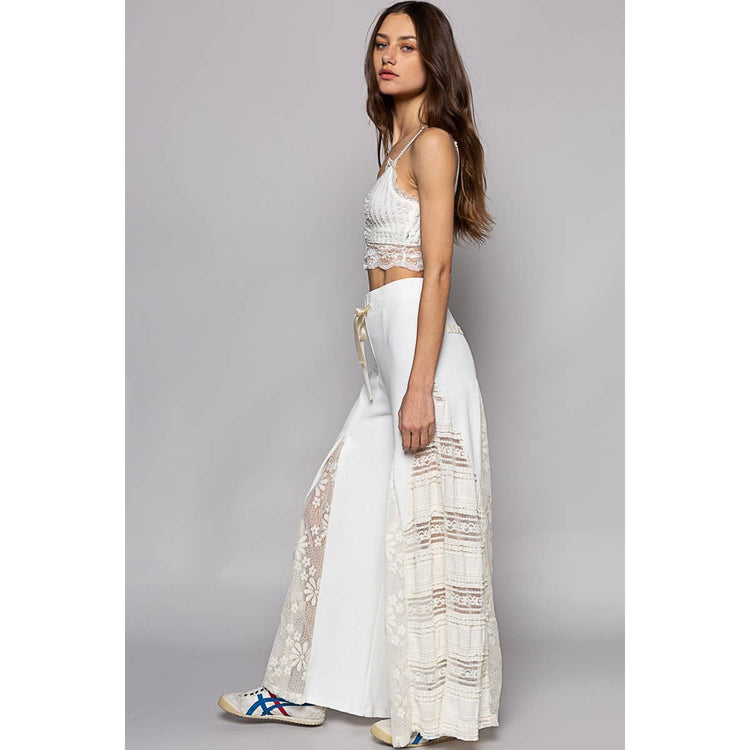 Lace Contrast Elastic Band Satin Strap Solid Wide Pants