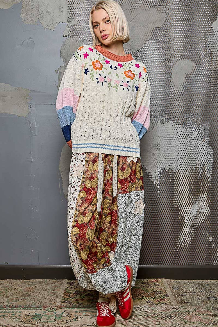 Color block pattern floral embroidered chenille sweater top