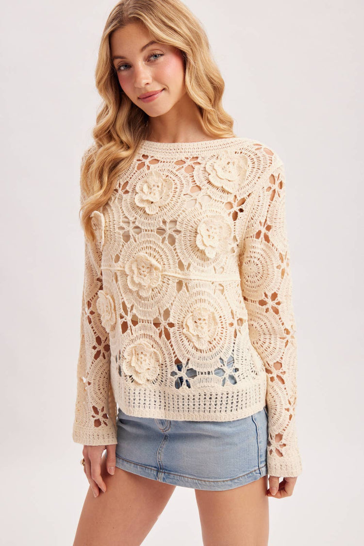 BOAT NECK OPEN-WORK FLORAL CROCHET TOP