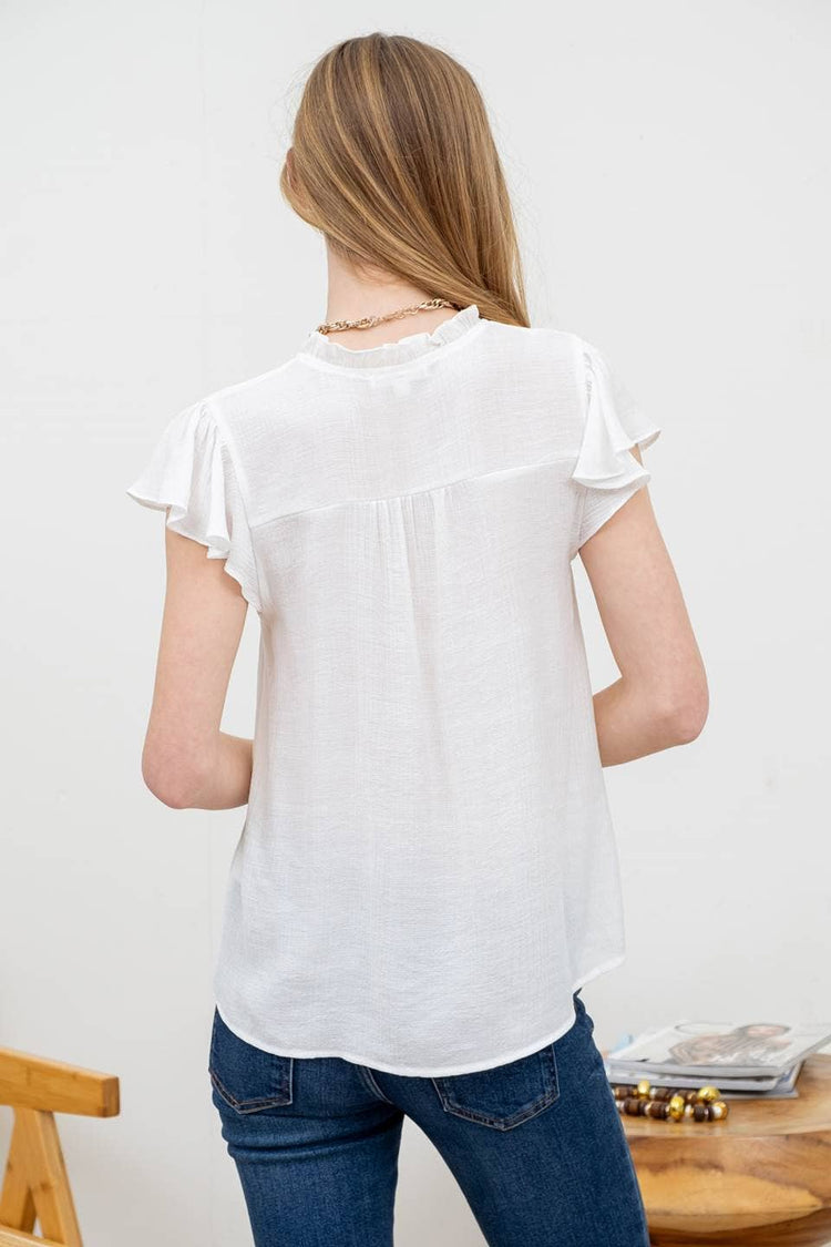 LACE TRIM SPLIT NECK RUFFLE SLEEVE BLOUSE
