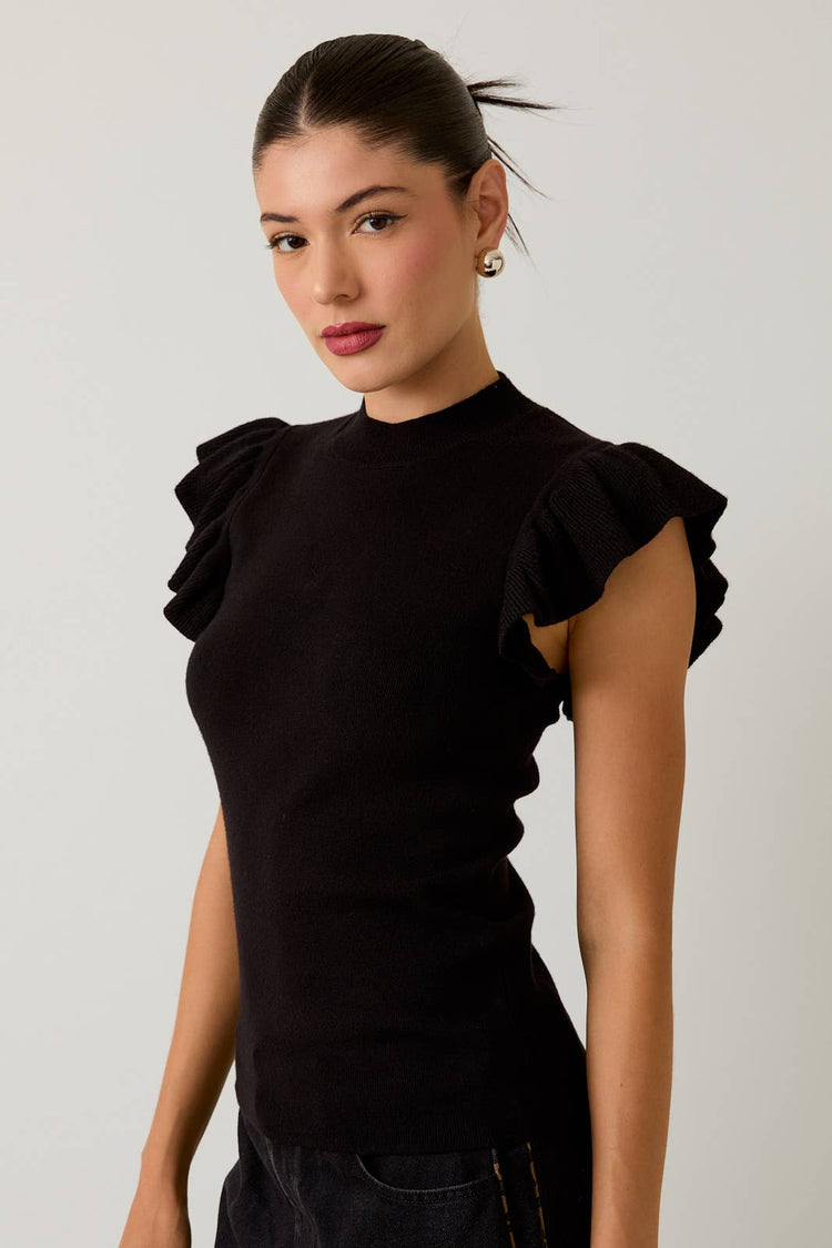 MOCK NECK RUFFLE SLEEVE KNIT TOP
