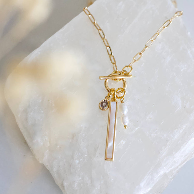 Mother of Pearl, Freshwater Pearl,Charm Toggle Necklace