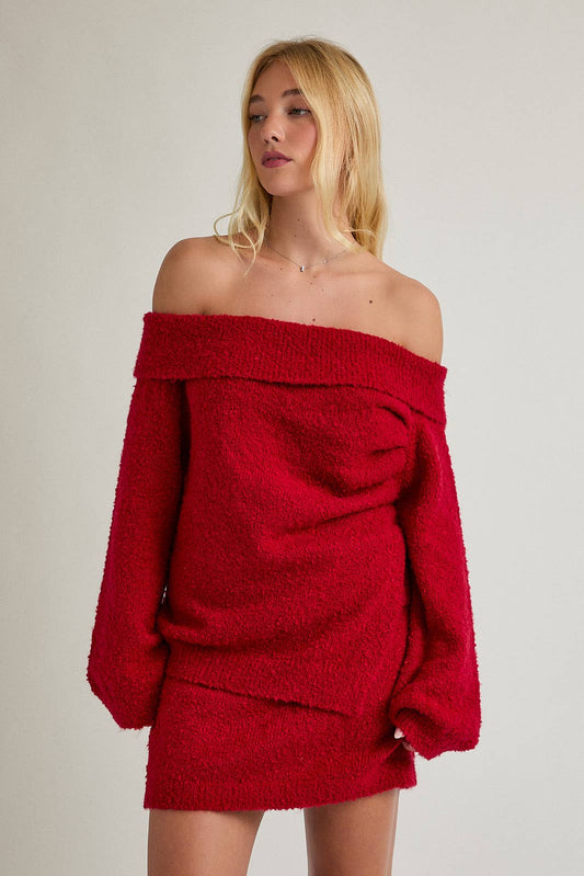 OFF SHOULDER ASYMMETRICAL TEXTURE SWEATER & MINI SKIRT