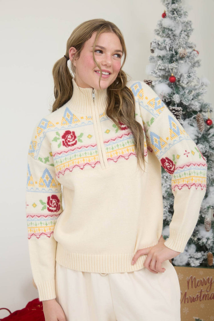 ROSE FAIR ISLE HALF ZIP KNIT PULLOVER SWEATER