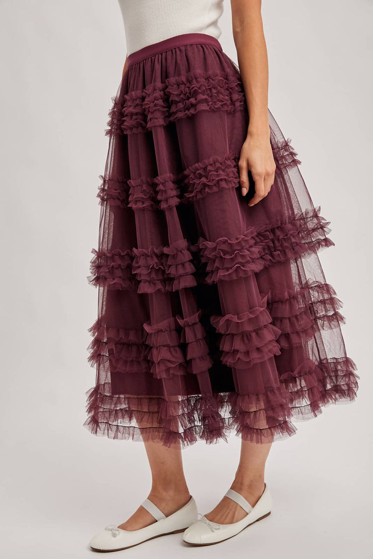 ROMANTIC RUFFLE TIERED TULLE MIDI SKIRT
