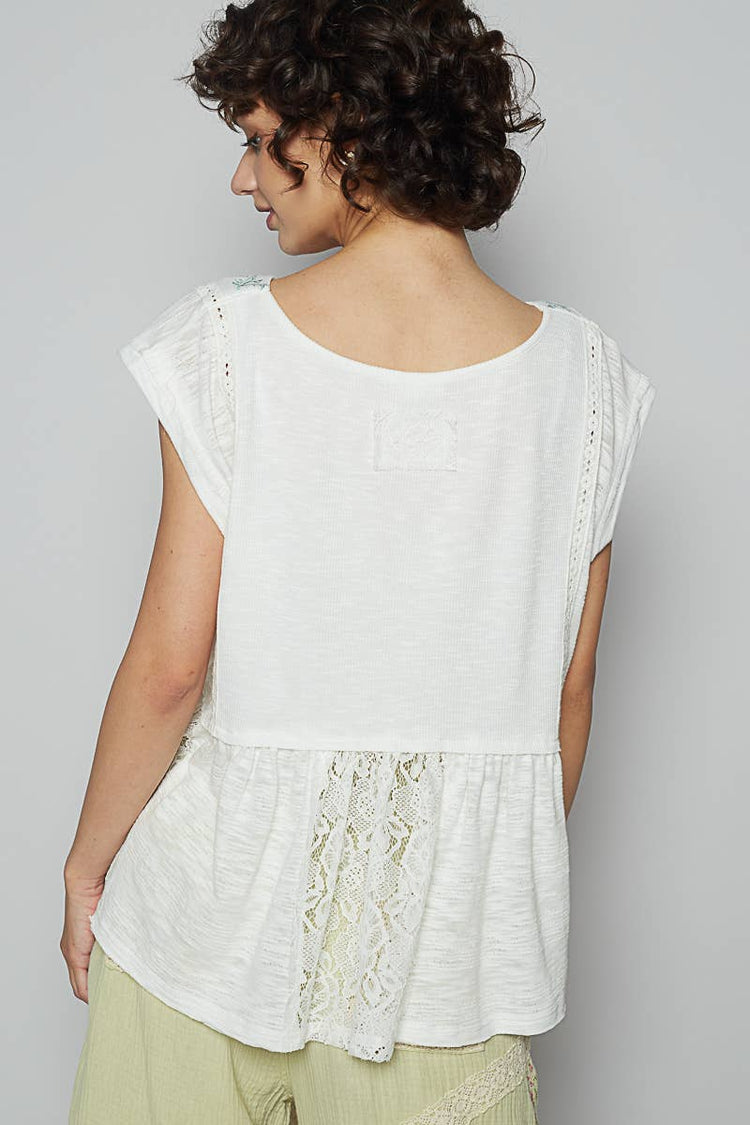 Boat neck solid embroidery textured knit top