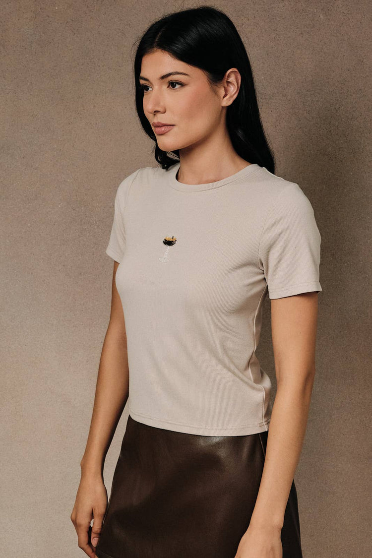 Beaded Champagne Glass Short Sleeve Ribbed Top