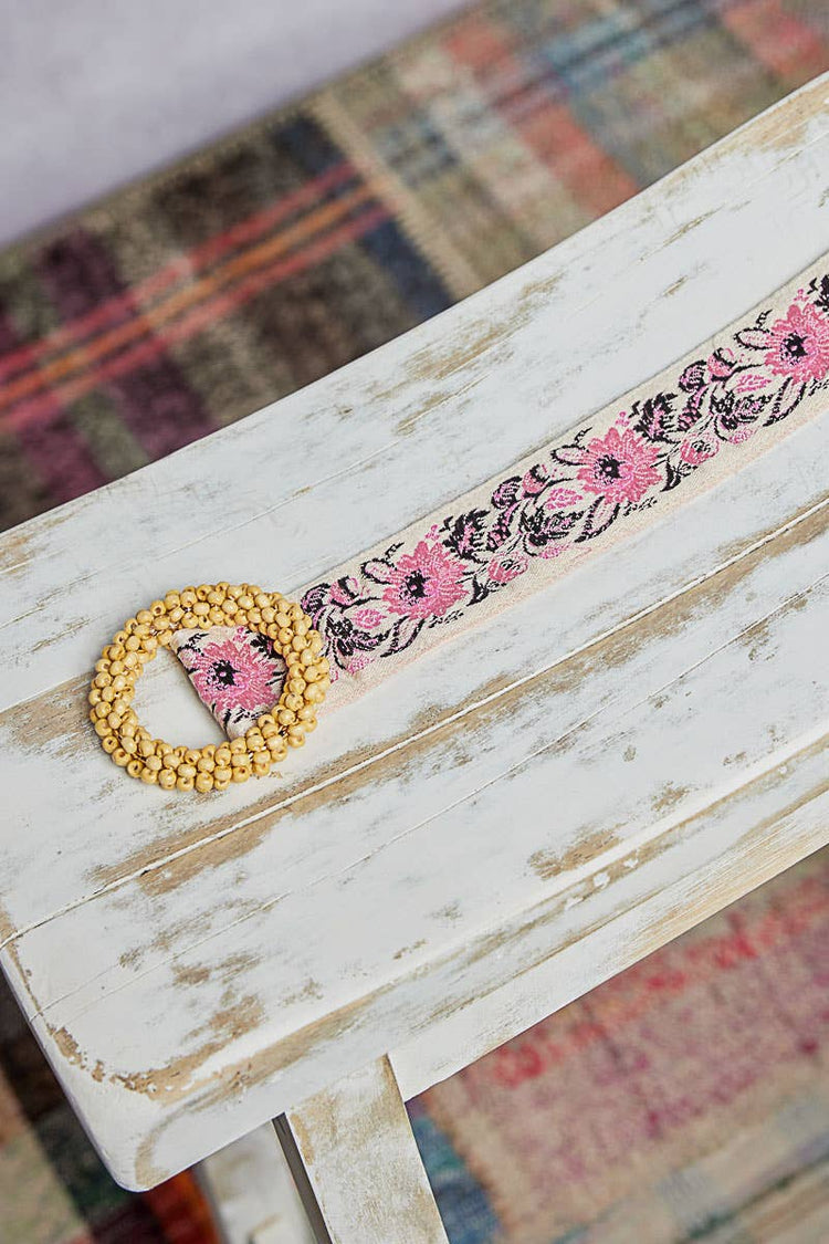 Beaded Round Buckle Floral Belt