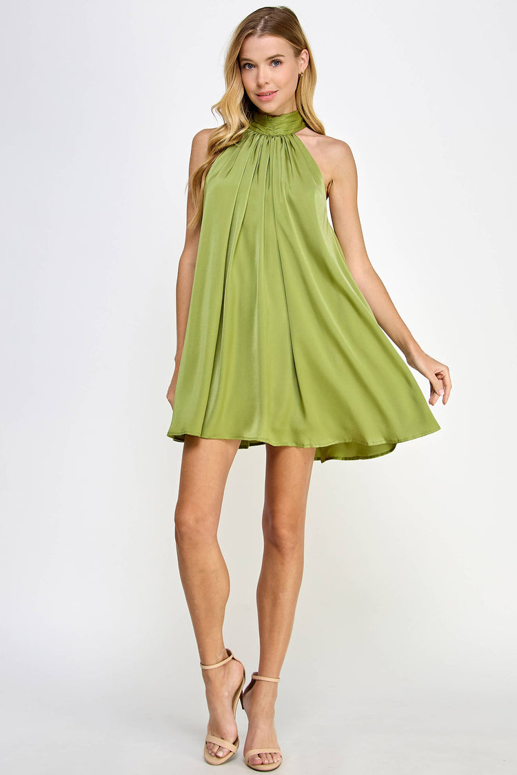 Mock Neck Halter Satin Mini Dress