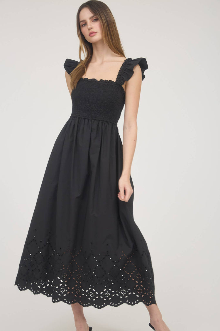SMOCKED RUFFLE SLEEVE EYELET HEM MIDI DRESS