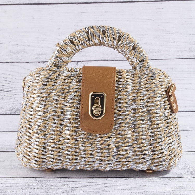 Woven Straw Turn Lock Top Handle Handbag