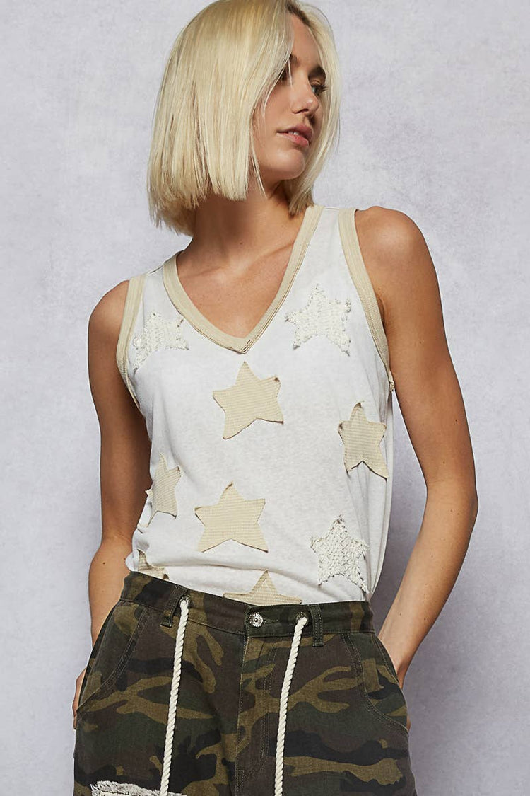 V-neck sleeveless front star patches solid basic top