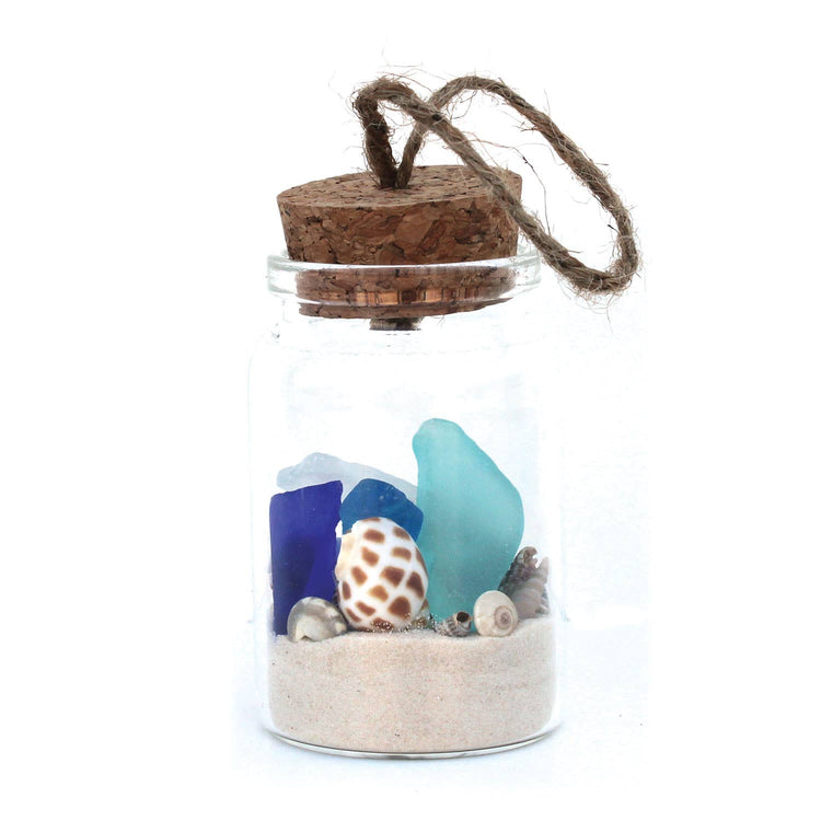 Beach Bottle Ornament - Sea Glass with White Sand & Shells