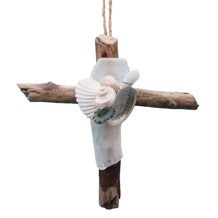 Driftwood Cross Ornament with Sea Glass