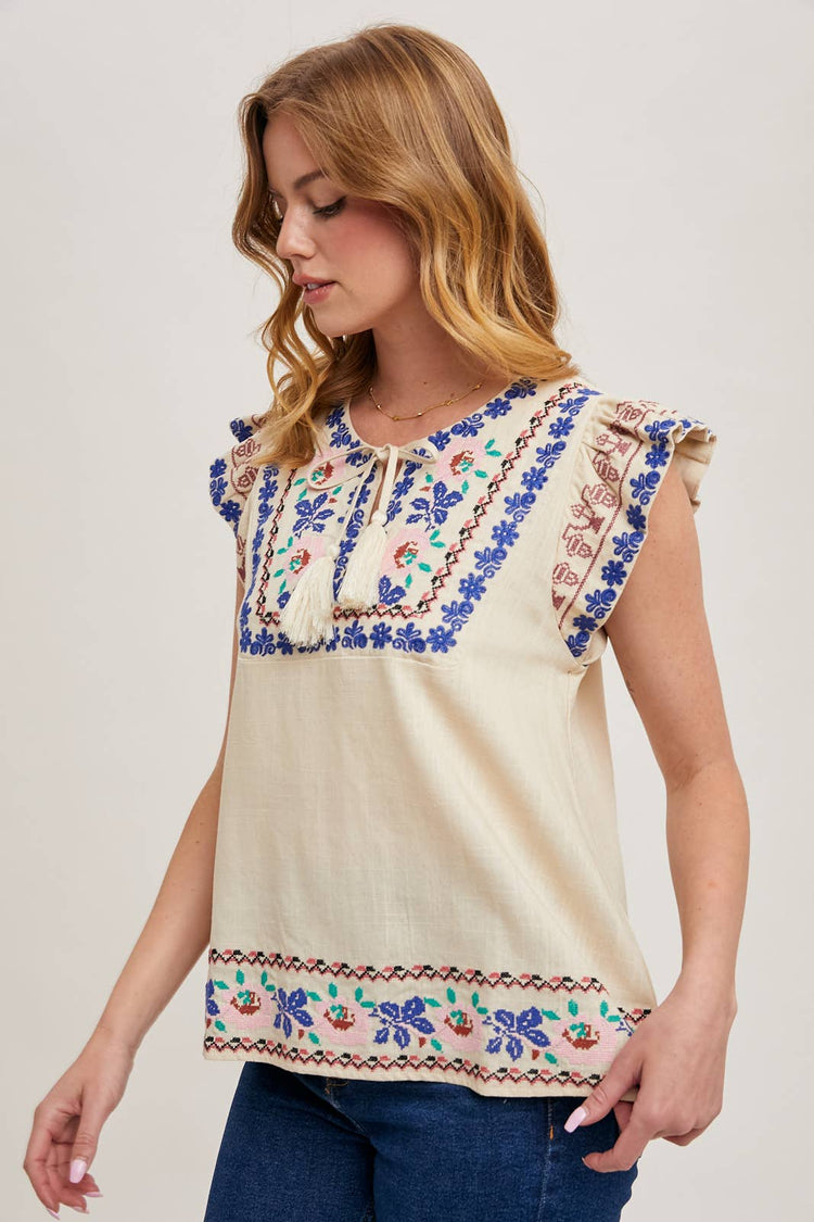BOHO EMBROIDERED RUFFLED SLEEVE DRAWSTRING TOP