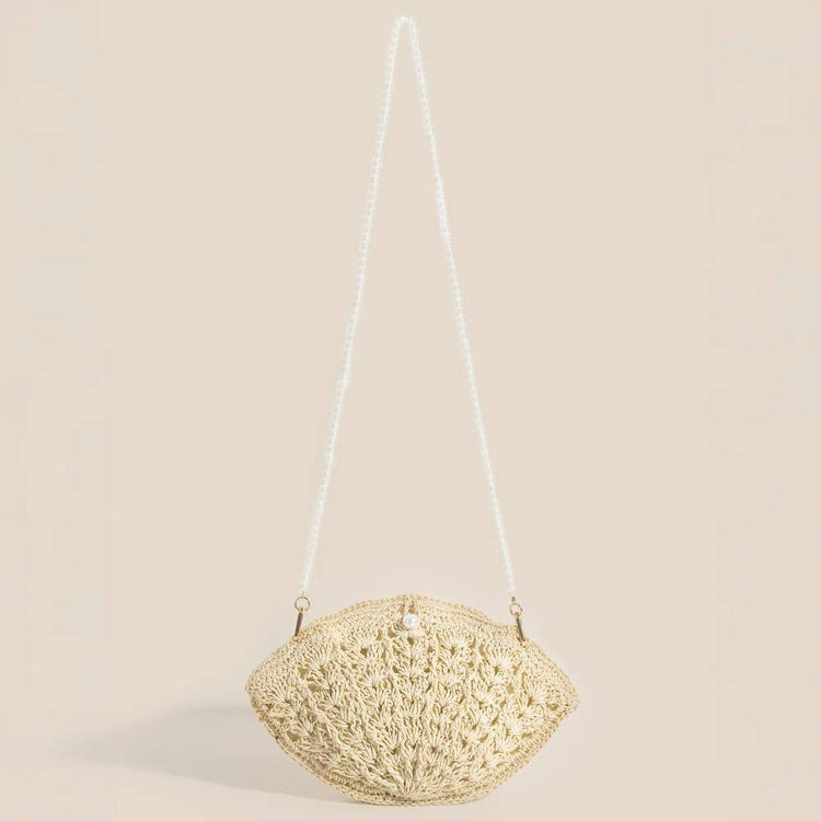Straw Braided Pearl Beaded Strap Seashell Bag