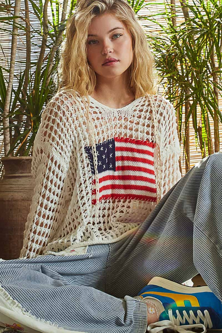 Long sleeve American flag hoodie thin sweater top