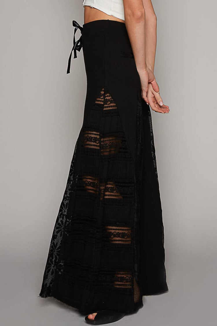 Lace Contrast Elastic Band Satin Strap Solid Wide Pants