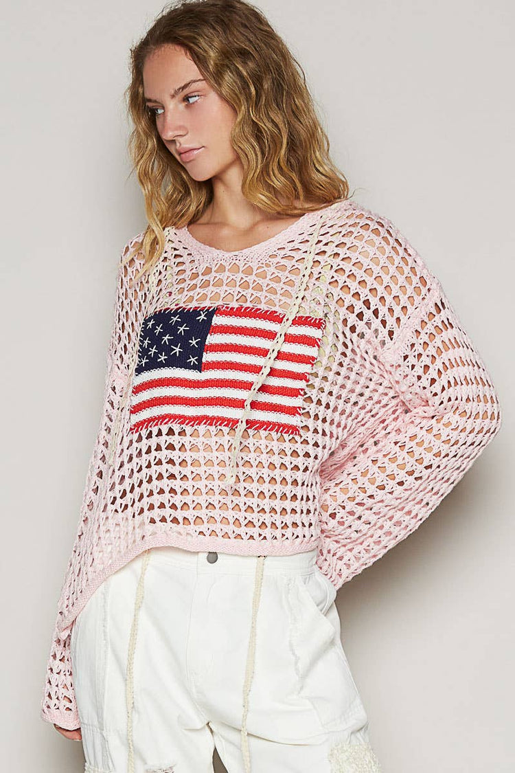 Long sleeve American flag hoodie thin sweater top