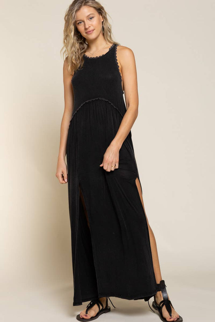 Sleeveless racerback back zipper front slit knit maxi dress