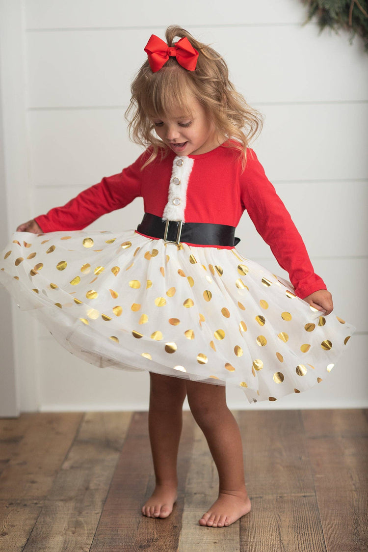 Kids Santa Bow Gold Dot Tulle Christmas Holiday Dress