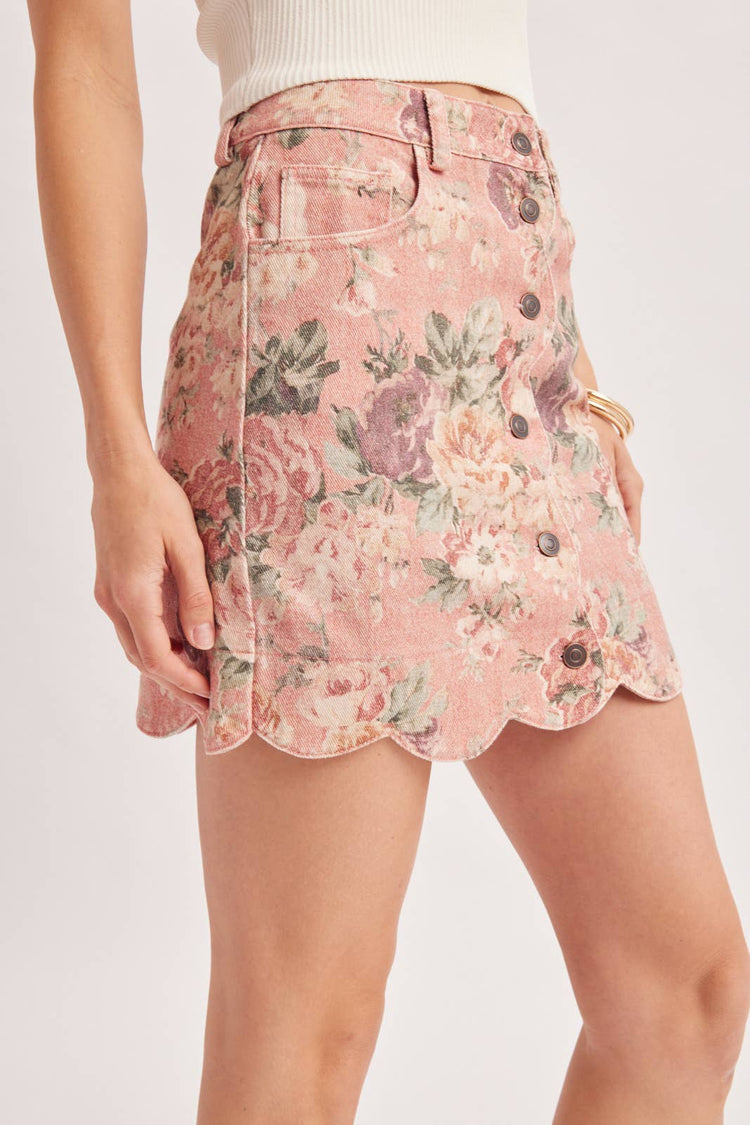 VINTAGE FLORAL PRINT BUTTON DOWN SCALLOPED HEM MINI SKIRT