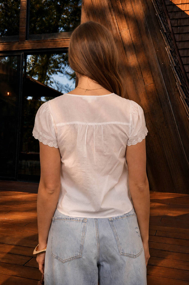 SCALLOPED EMBROIDERED FRONT TIE LACE TRIM TOP