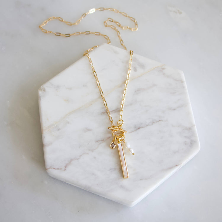 Mother of Pearl, Freshwater Pearl,Charm Toggle Necklace