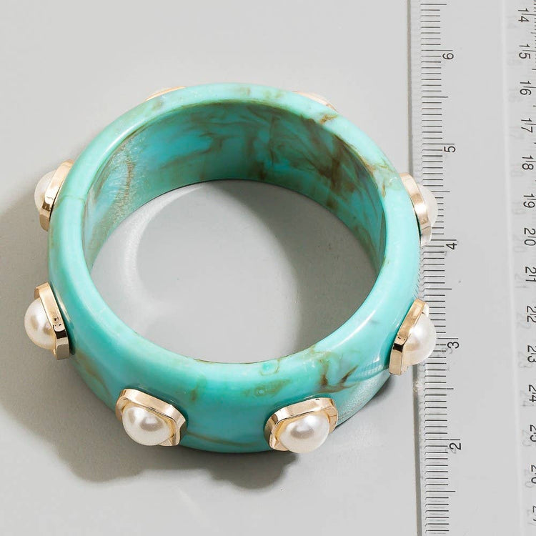 Turquoise Marble Resin Pearl Dome Studded Bangle Bracelet