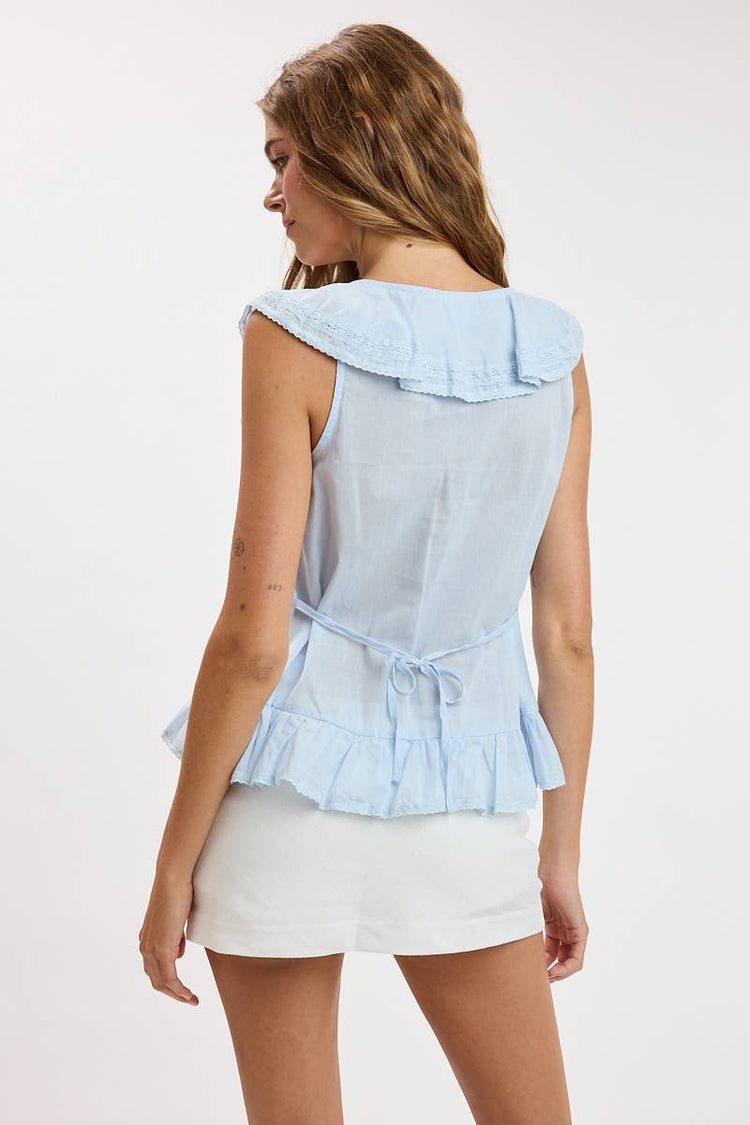CASCADING RUFFLE LACE SOFT COLOR CAP SLEEVE TOP