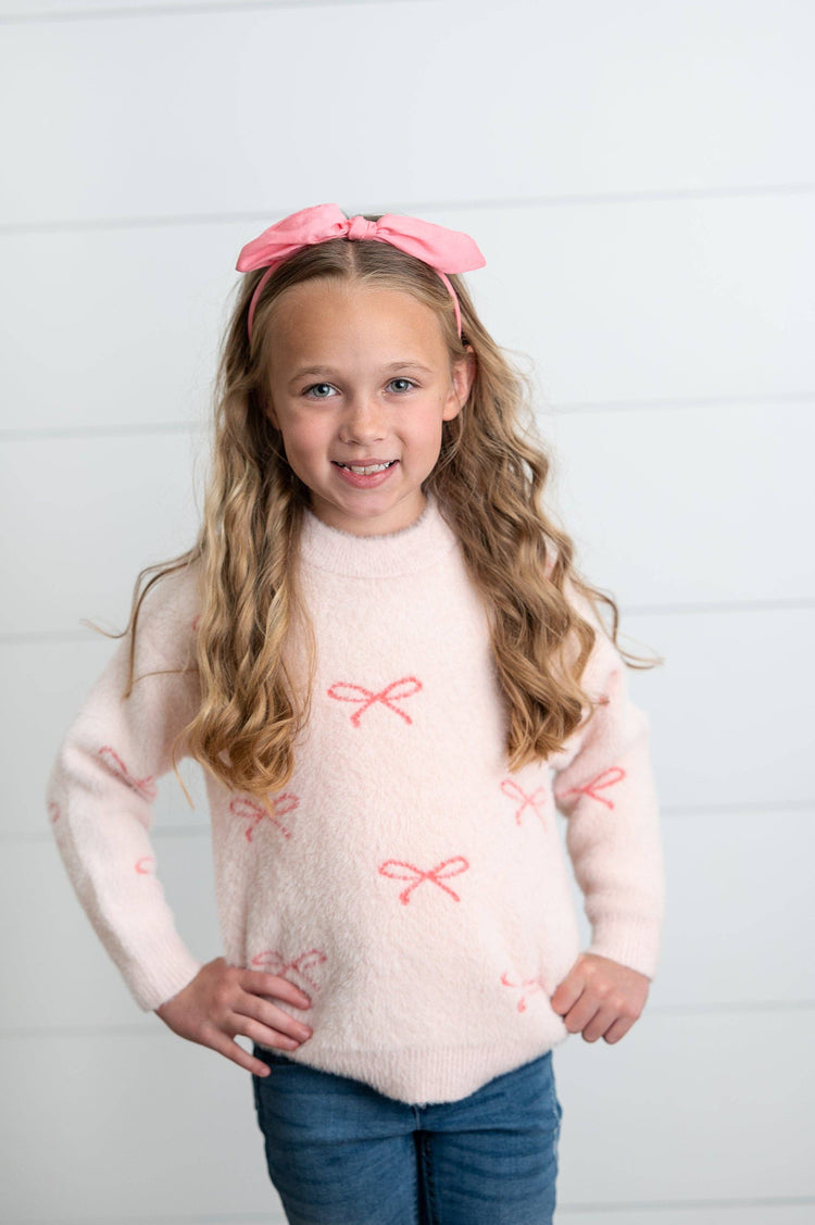 Girls Pink Bow Fuzzy Crew Neck Coquette Fall Winter Sweater