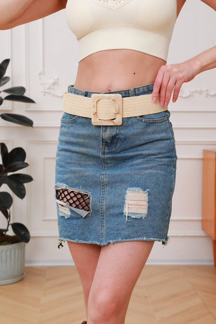 Marbled Swirl Square Buckle Elastic Belt
