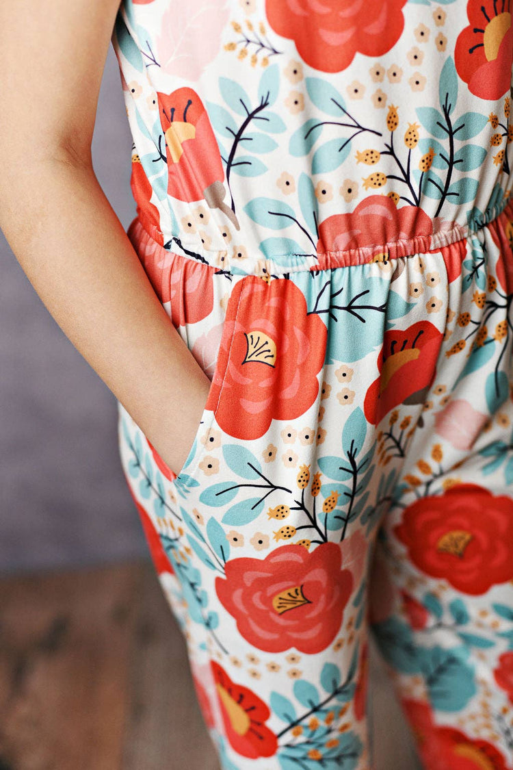 Kids Sage & Coral Floral Spring Summer Jumpsuit With Pockets