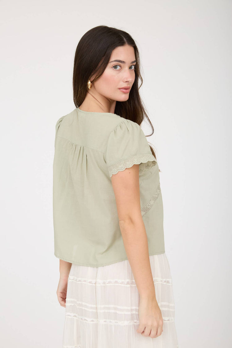 SCALLOPED EMBROIDERED FRONT TIE LACE TRIM TOP